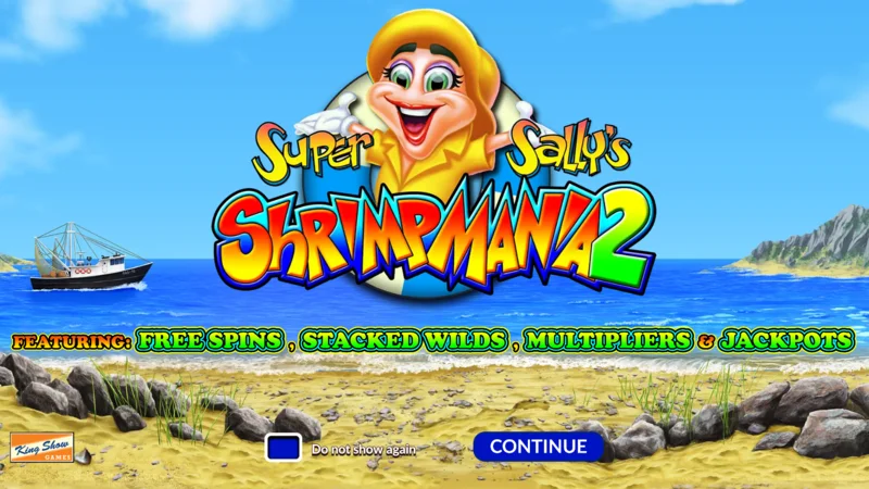 Super Sally's Shrimpmania 2 - Pantalla principal con carretes de 5×4 y cuadrícula de 40 líneas de pago